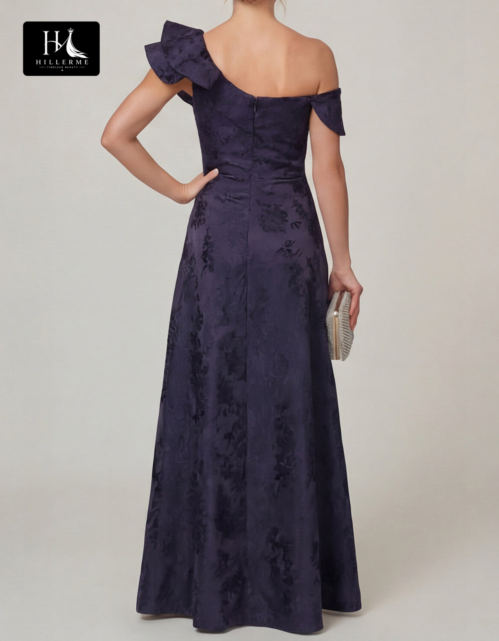 Sleeveless A-Line Mother of the Bride Dress with Asymmetrical Neckline and Jacquard Satin Fabric
