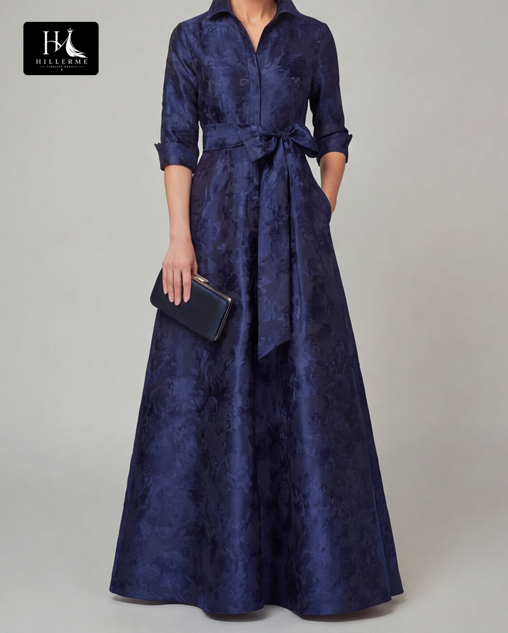 Collared Half-Sleeve Floor-Length Jacquard Satin Pleated A-Line Mother of the Bride Dress