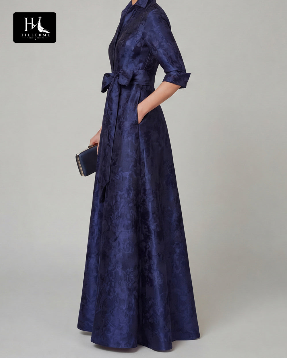 Collared Half-Sleeve Floor-Length Jacquard Satin Pleated A-Line Mother of the Bride Dress