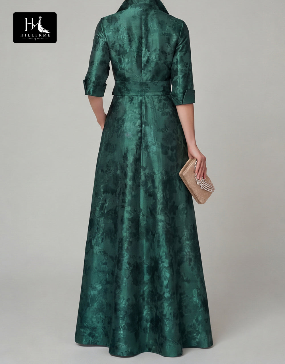 Collared Half-Sleeve Floor-Length Jacquard Satin Pleated A-Line Mother of the Bride Dress