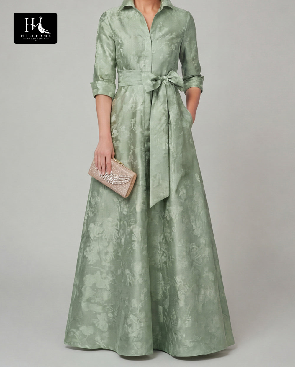 Collared Half-Sleeve Floor-Length Jacquard Satin Pleated A-Line Mother of the Bride Dress