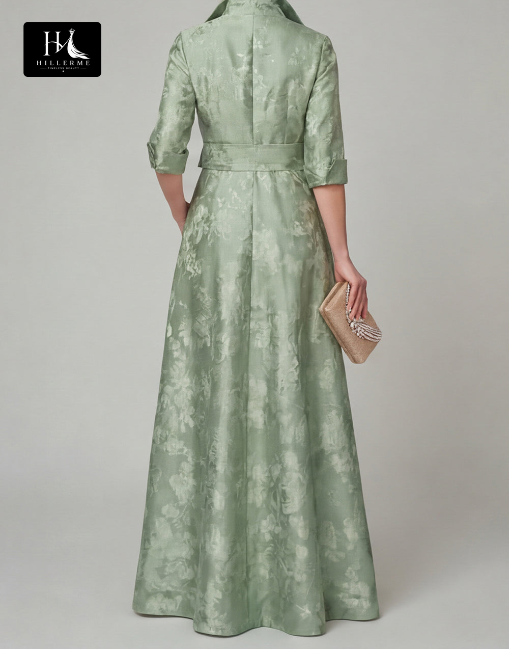 Collared Half-Sleeve Floor-Length Jacquard Satin Pleated A-Line Mother of the Bride Dress