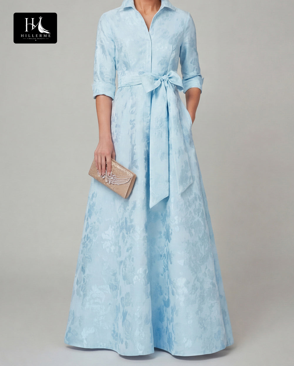 Collared Half-Sleeve Floor-Length Jacquard Satin Pleated A-Line Mother of the Bride Dress