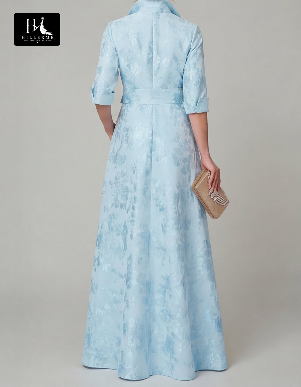 Collared Half-Sleeve Floor-Length Jacquard Satin Pleated A-Line Mother of the Bride Dress