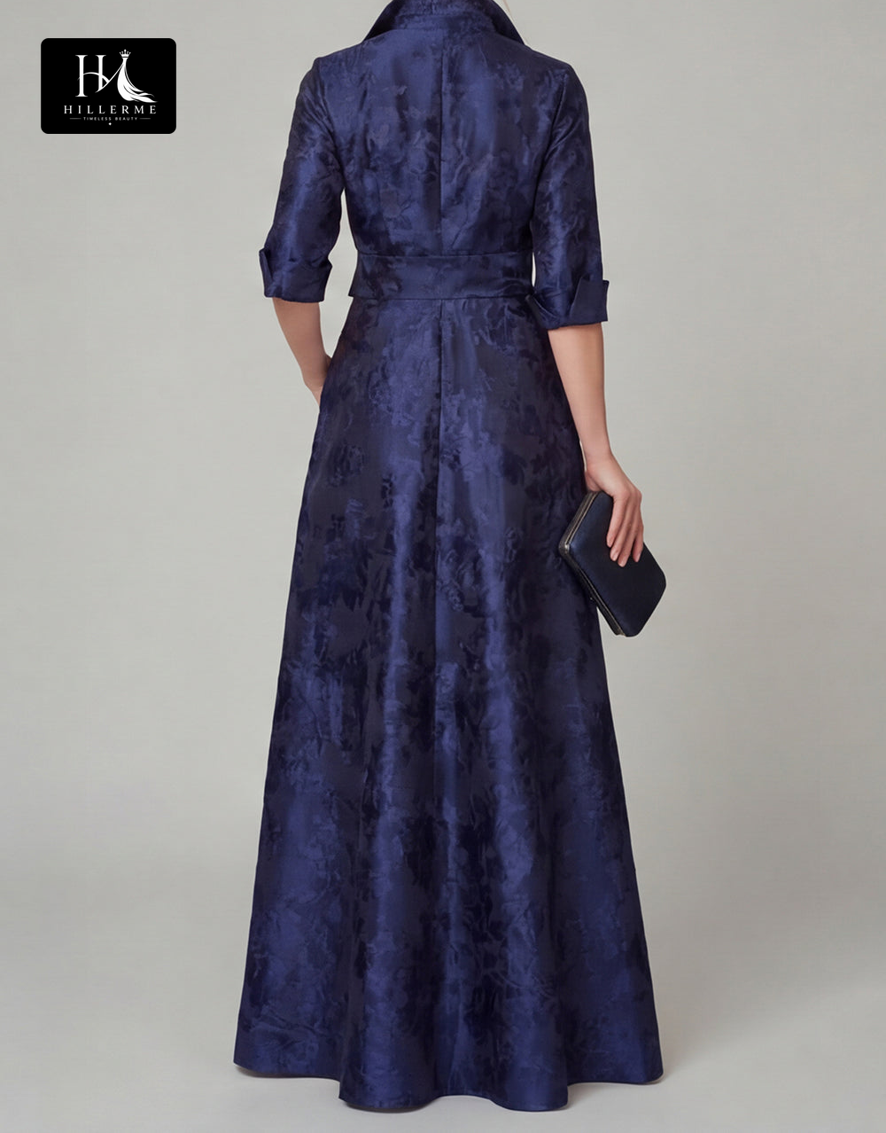 Collared Half-Sleeve Floor-Length Jacquard Satin Pleated A-Line Mother of the Bride Dress