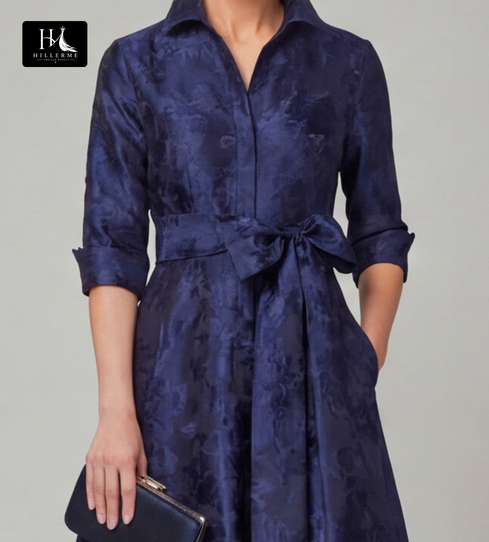 Collared Half-Sleeve Floor-Length Jacquard Satin Pleated A-Line Mother of the Bride Dress