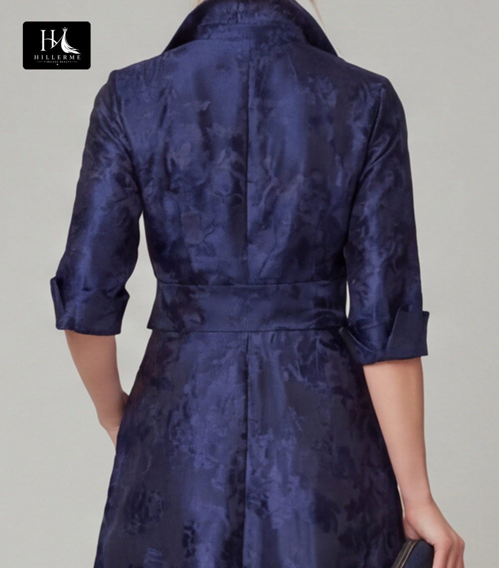 Collared Half-Sleeve Floor-Length Jacquard Satin Pleated A-Line Mother of the Bride Dress