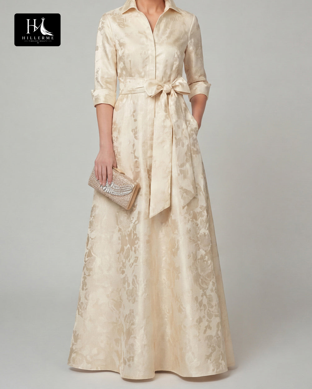Collared Half-Sleeve Floor-Length Jacquard Satin Pleated A-Line Mother of the Bride Dress
