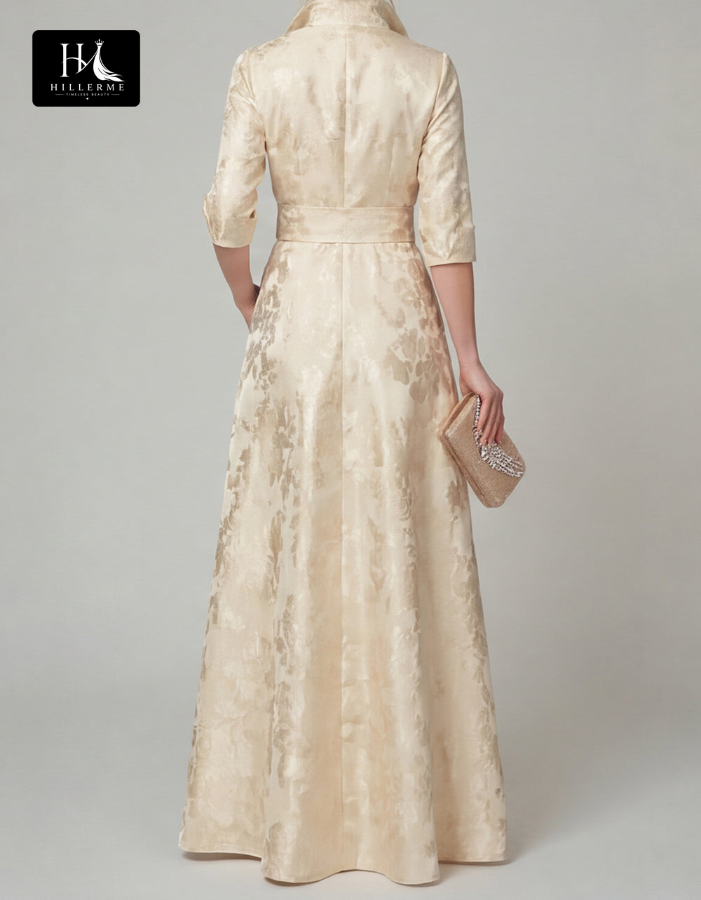 Collared Half-Sleeve Floor-Length Jacquard Satin Pleated A-Line Mother of the Bride Dress