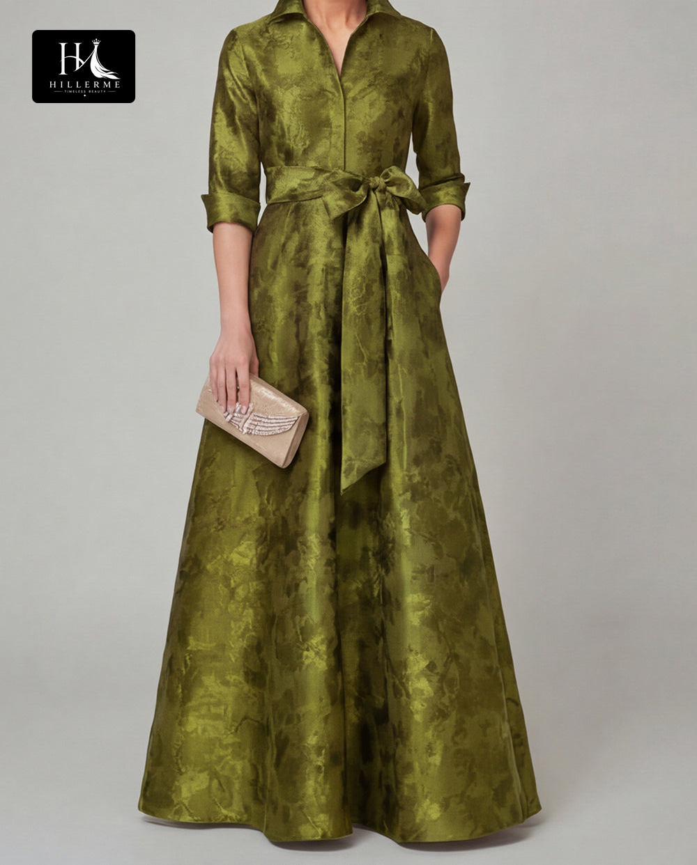 Collared Half-Sleeve Floor-Length Jacquard Satin Pleated A-Line Mother of the Bride Dress