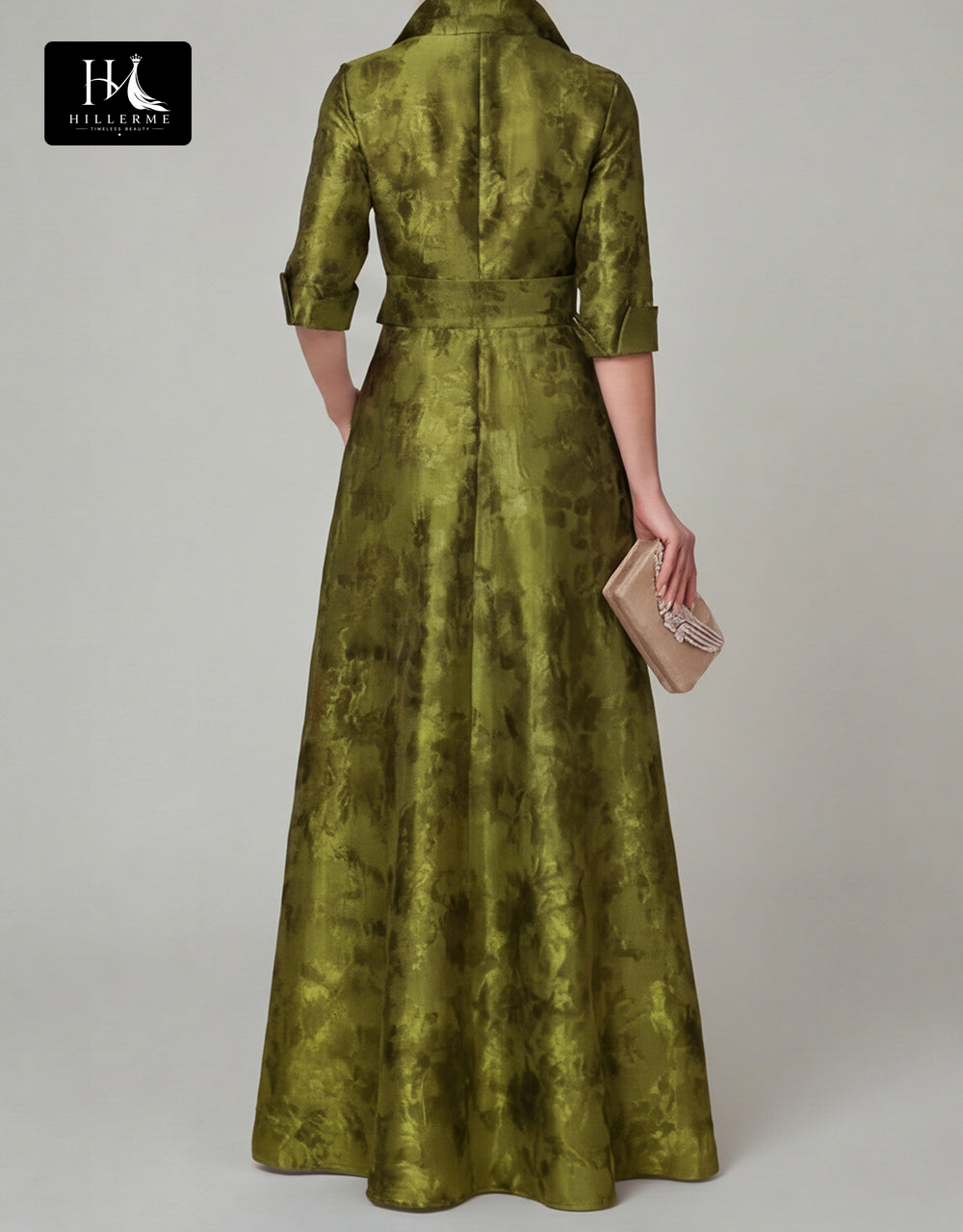 Collared Half-Sleeve Floor-Length Jacquard Satin Pleated A-Line Mother of the Bride Dress