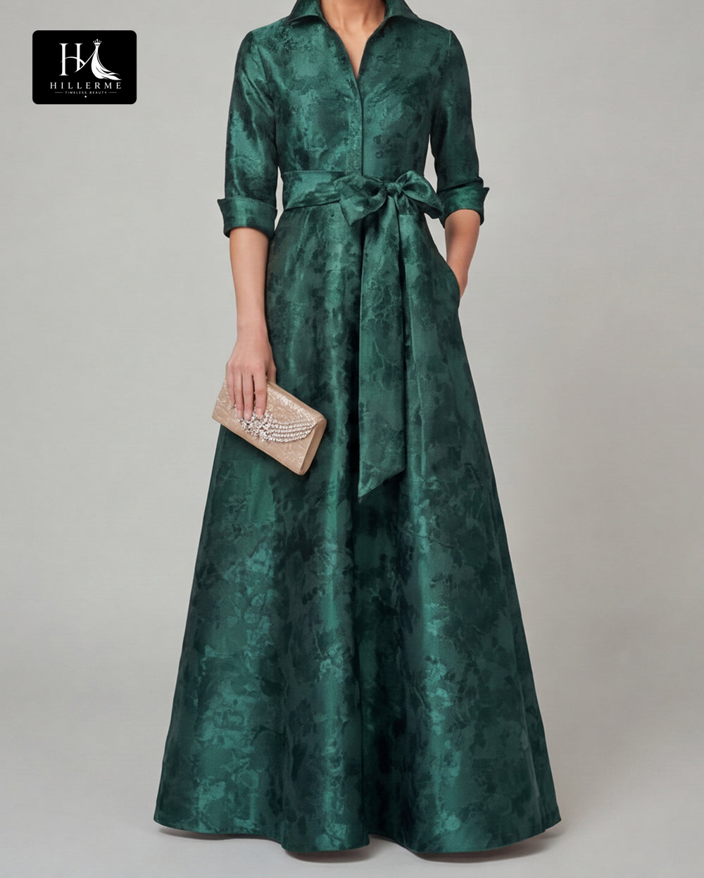 Collared Half-Sleeve Floor-Length Jacquard Satin Pleated A-Line Mother of the Bride Dress