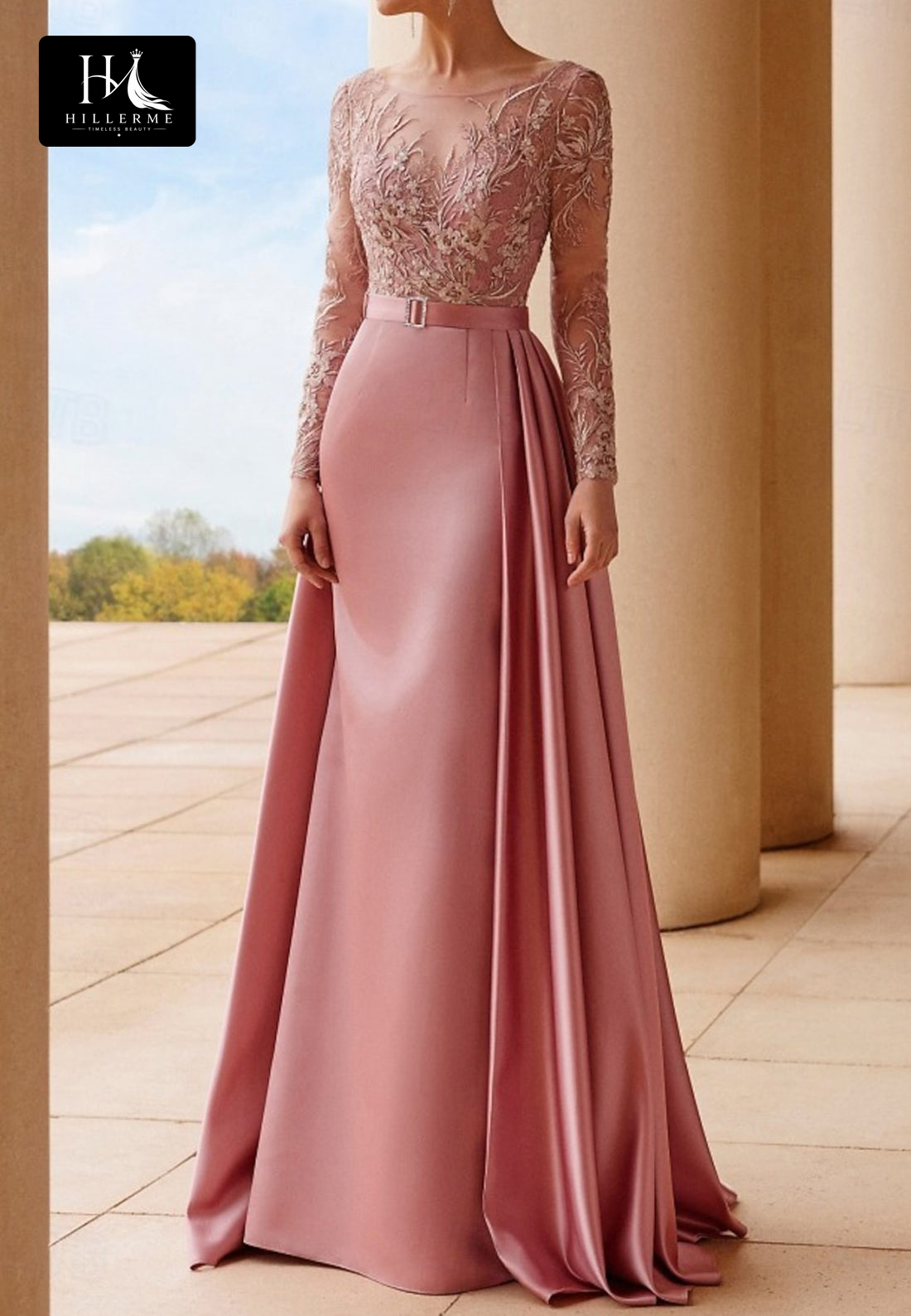Scoop-Neck Beaded Applique Satin & Tulle Mermaid Mother of the Bride Dress with Long Sleeves