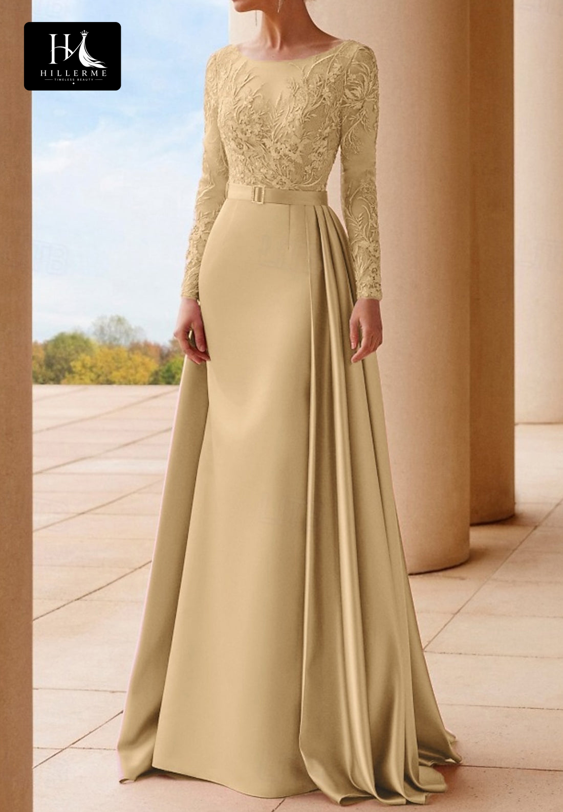 Scoop-Neck Beaded Applique Satin & Tulle Mermaid Mother of the Bride Dress with Long Sleeves