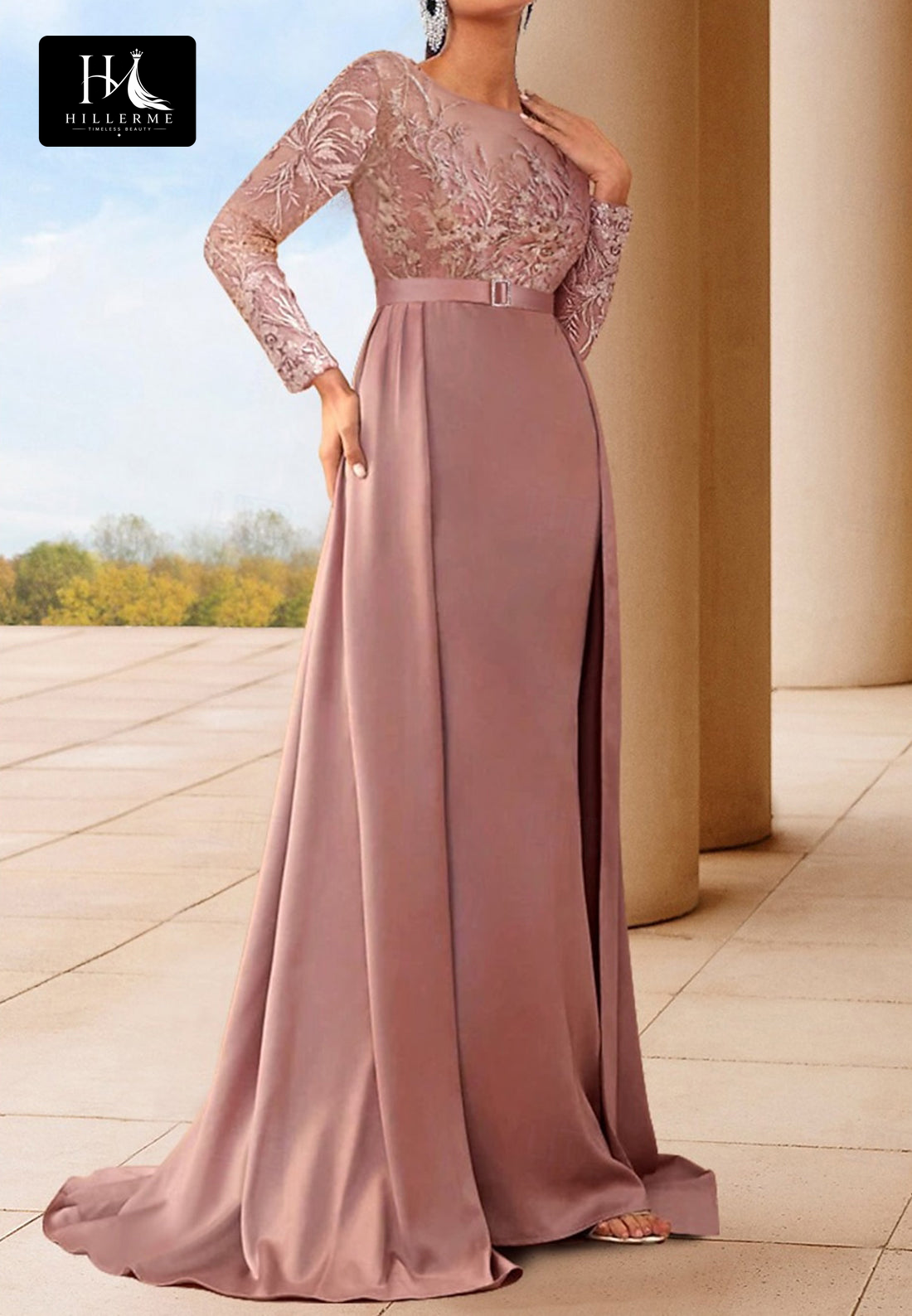 Scoop-Neck Beaded Applique Satin & Tulle Mermaid Mother of the Bride Dress with Long Sleeves