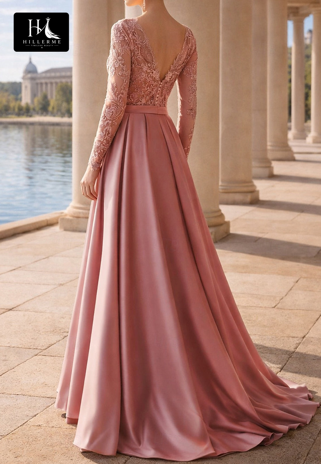 Scoop-Neck Beaded Applique Satin & Tulle Mermaid Mother of the Bride Dress with Long Sleeves