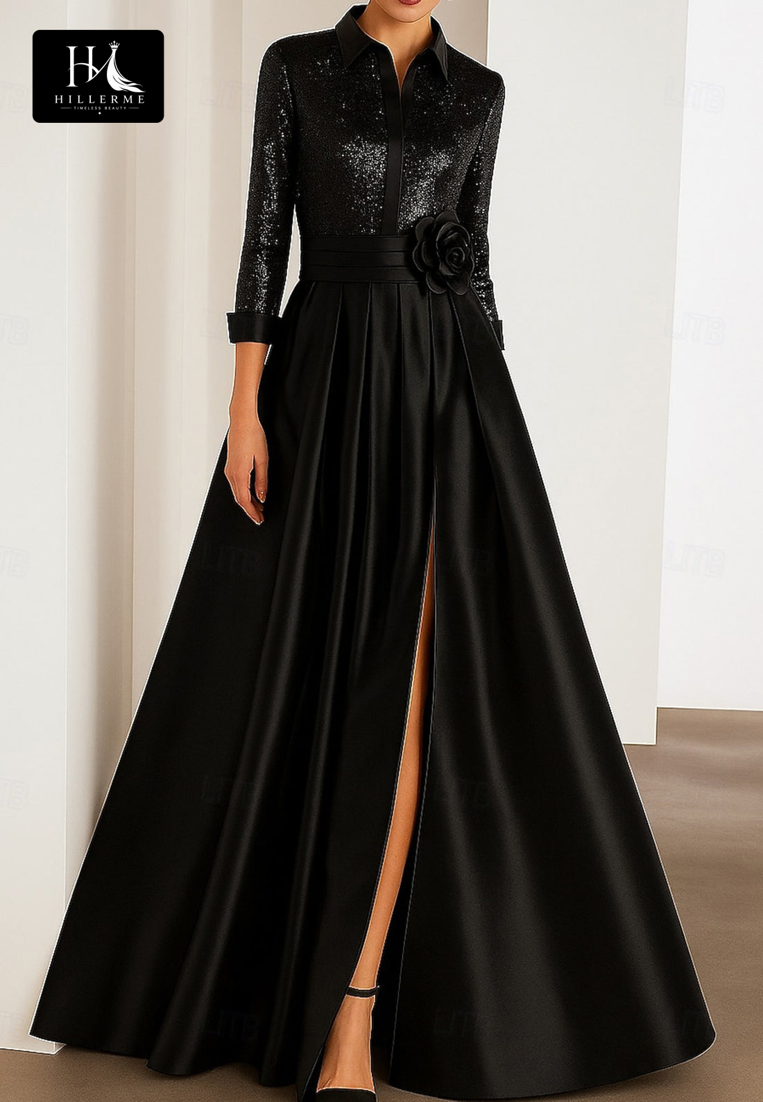 3/4-Sleeve A-Line Satin Mother of the Bride Gown with 3D Floral Sequins and High Slit