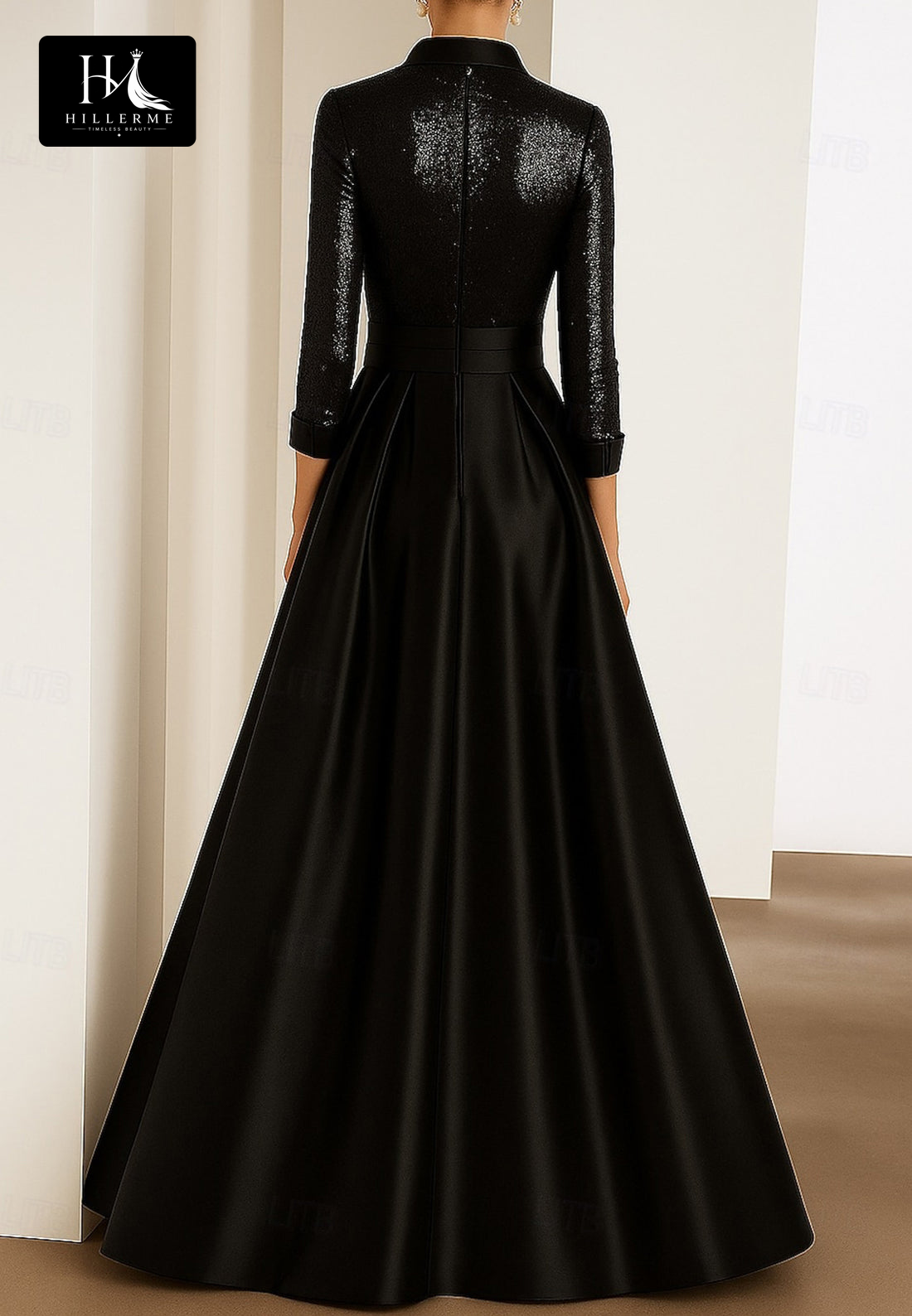 3/4-Sleeve A-Line Satin Mother of the Bride Gown with 3D Floral Sequins and High Slit