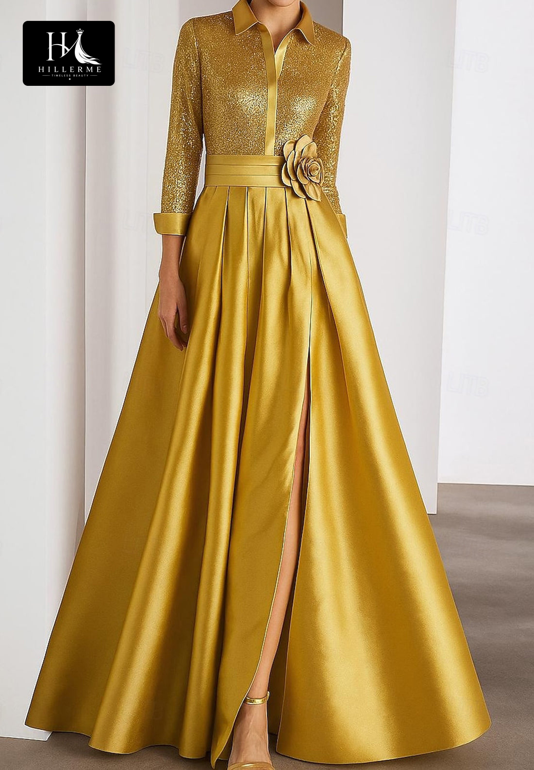 3/4-Sleeve A-Line Satin Mother of the Bride Gown with 3D Floral Sequins and High Slit