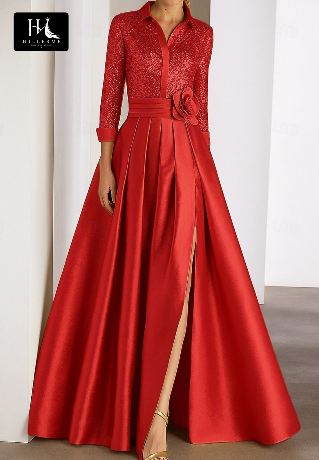 3/4-Sleeve A-Line Satin Mother of the Bride Gown with 3D Floral Sequins and High Slit
