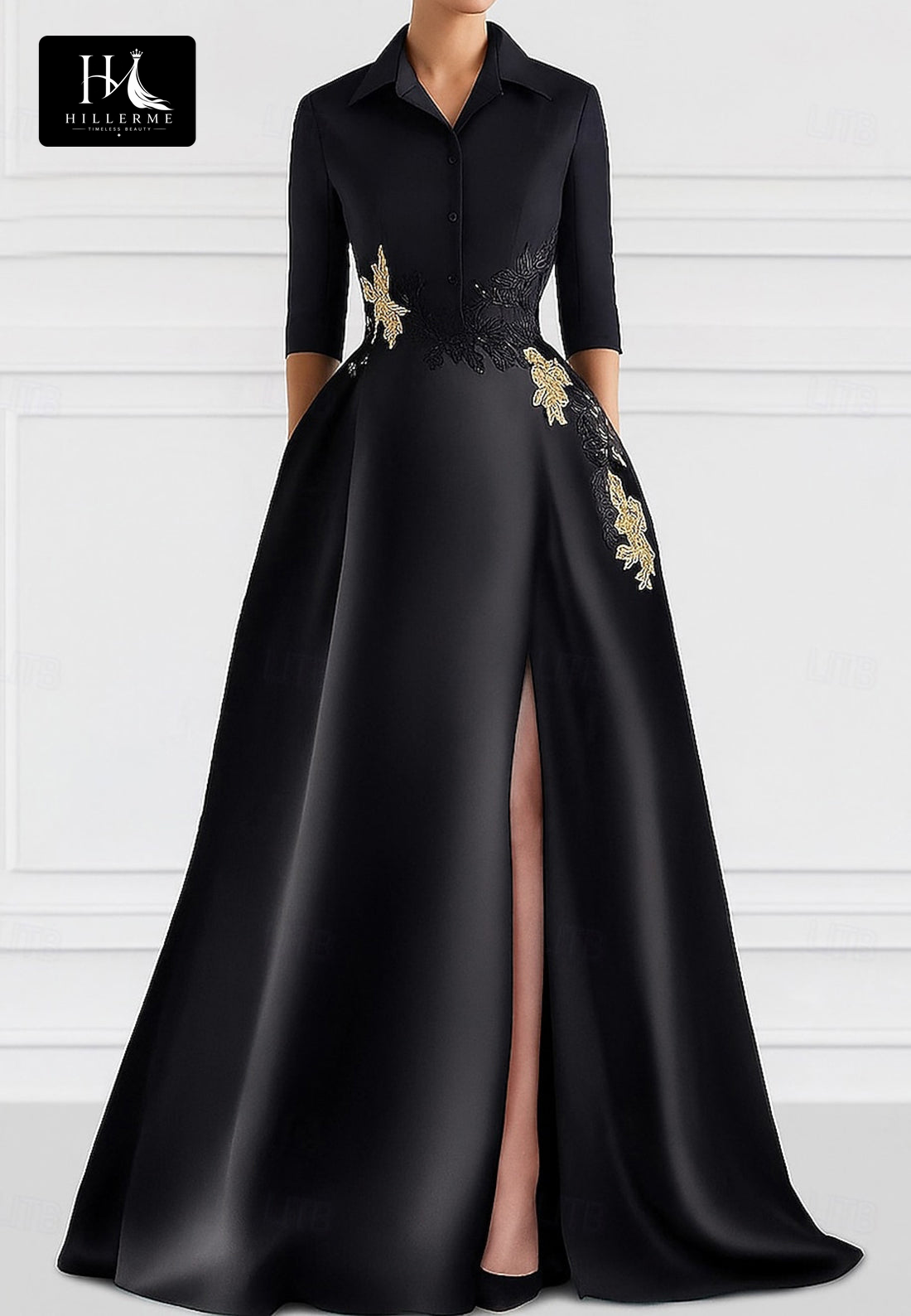 Strapless Half-Sleeve Floor-Length Satin Gown with Sequined Appliqués and High Slit for Mother of the Bride