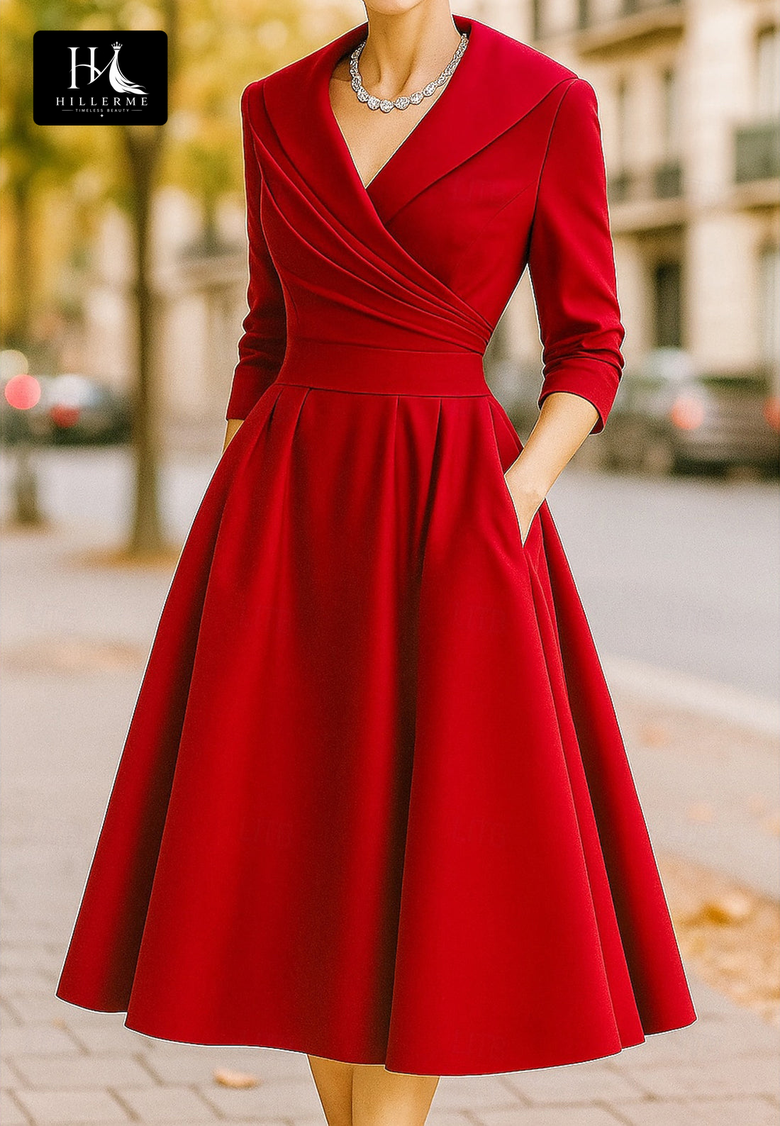 Collared V-Neck 3/4-Sleeve Knee-Length Satin Pleated A-Line Mother of the Bride Dress