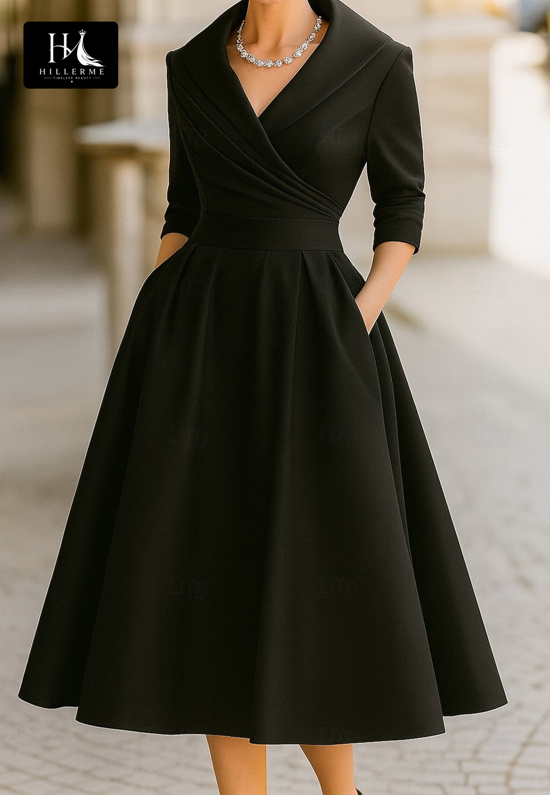 Collared V-Neck 3/4-Sleeve Knee-Length Satin Pleated A-Line Mother of the Bride Dress