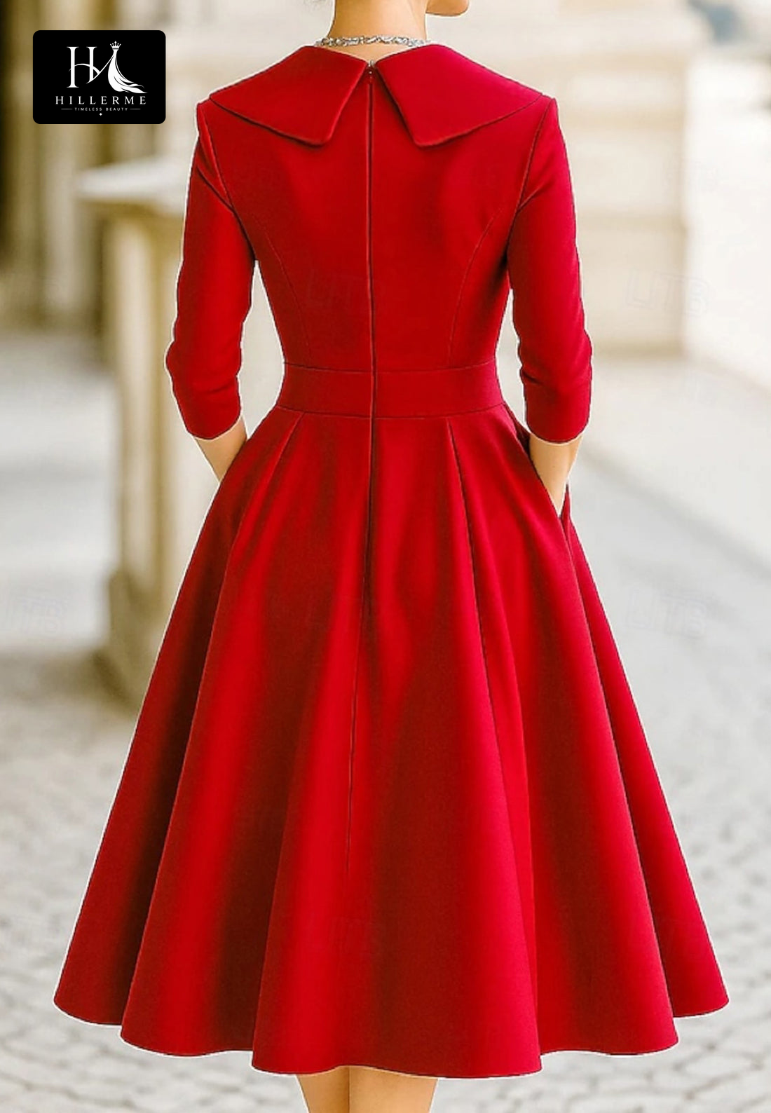 Collared V-Neck 3/4-Sleeve Knee-Length Satin Pleated A-Line Mother of the Bride Dress