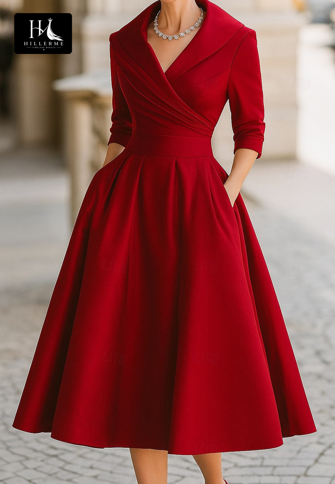 Collared V-Neck 3/4-Sleeve Knee-Length Satin Pleated A-Line Mother of the Bride Dress
