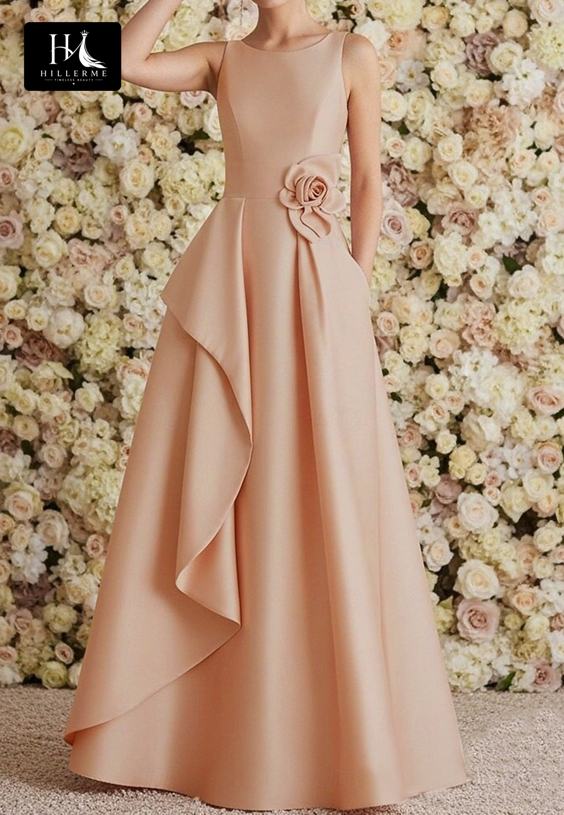 Scoop-Neck Straps Sleeveless Floor-Length 3D Floral Satin Pleated A-Line Mother of the Bride Dress