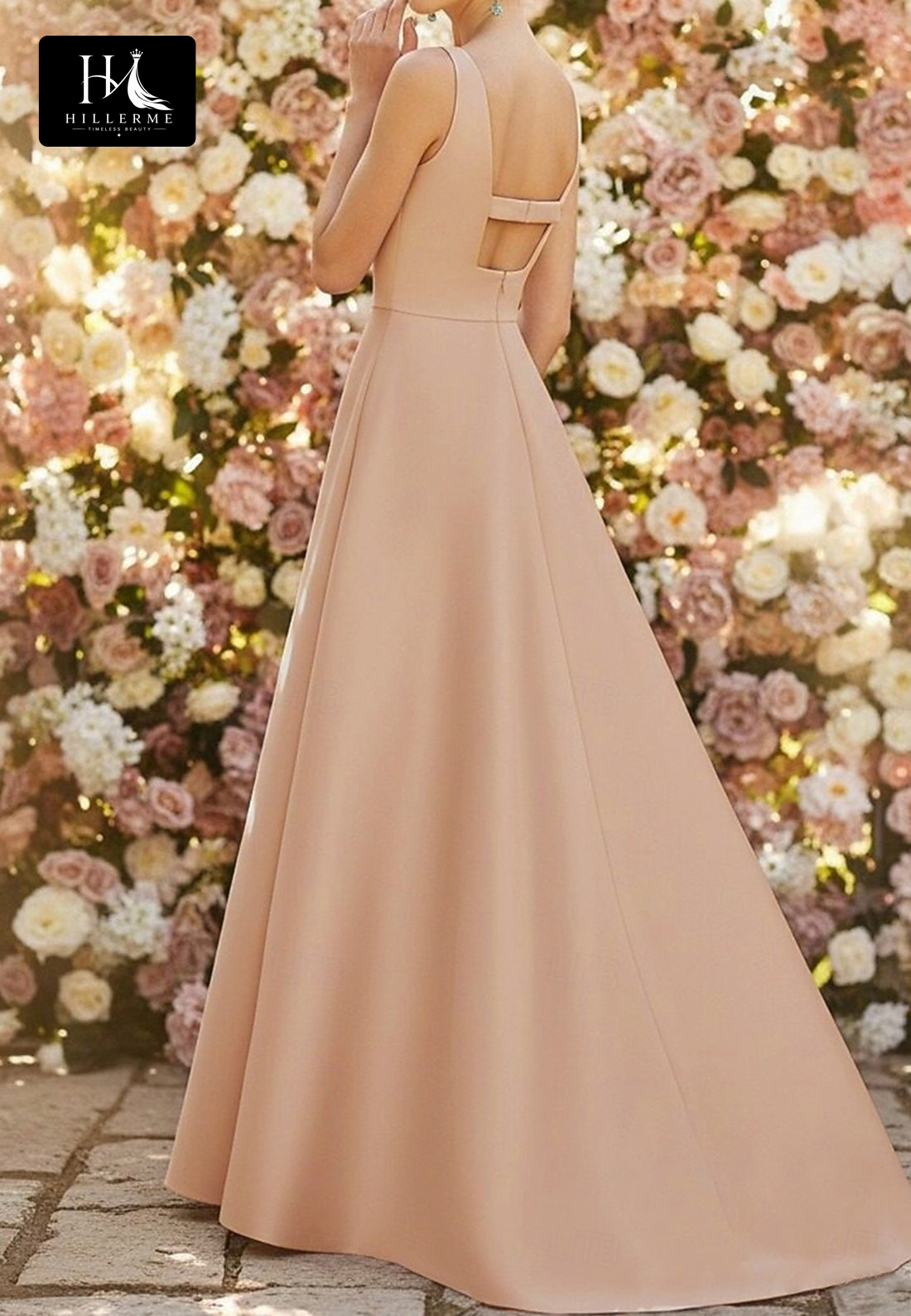Scoop-Neck Straps Sleeveless Floor-Length 3D Floral Satin Pleated A-Line Mother of the Bride Dress