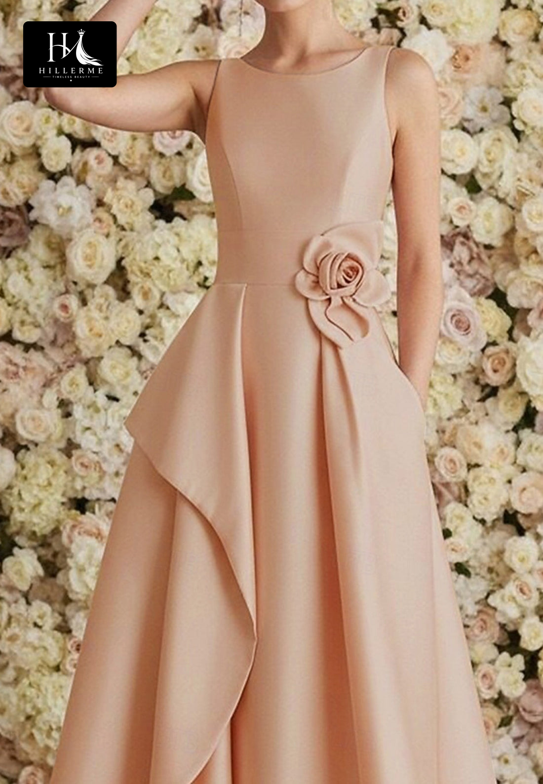 Scoop-Neck Straps Sleeveless Floor-Length 3D Floral Satin Pleated A-Line Mother of the Bride Dress