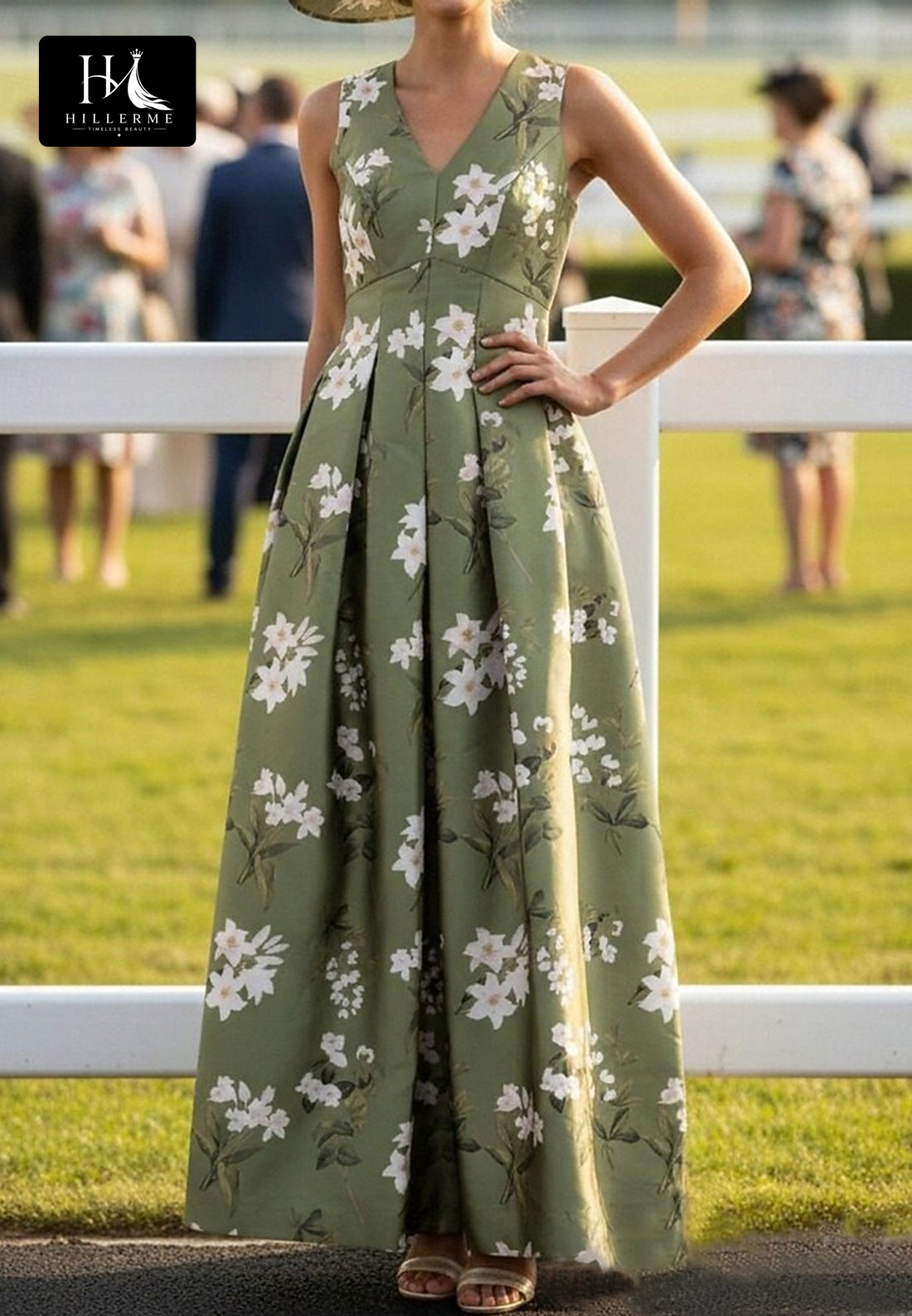 V-Neck Straps Sleeveless Print Satin Pleated Floor-Length A-Line Mother of the Bride Dress