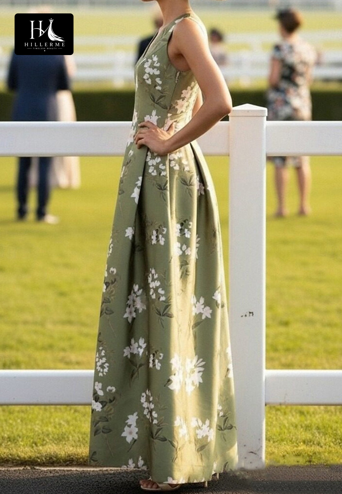 V-Neck Straps Sleeveless Print Satin Pleated Floor-Length A-Line Mother of the Bride Dress