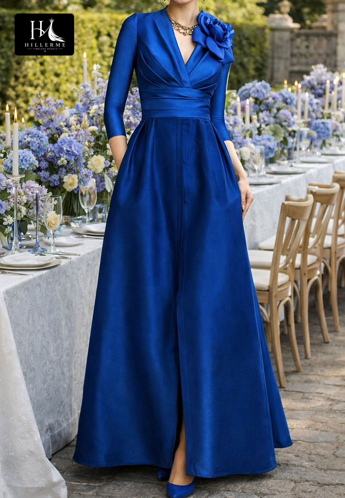 V-Neck 3/4-Sleeve Floral-Embellished Satin Pleated A-Line Mother of the Bride Dress