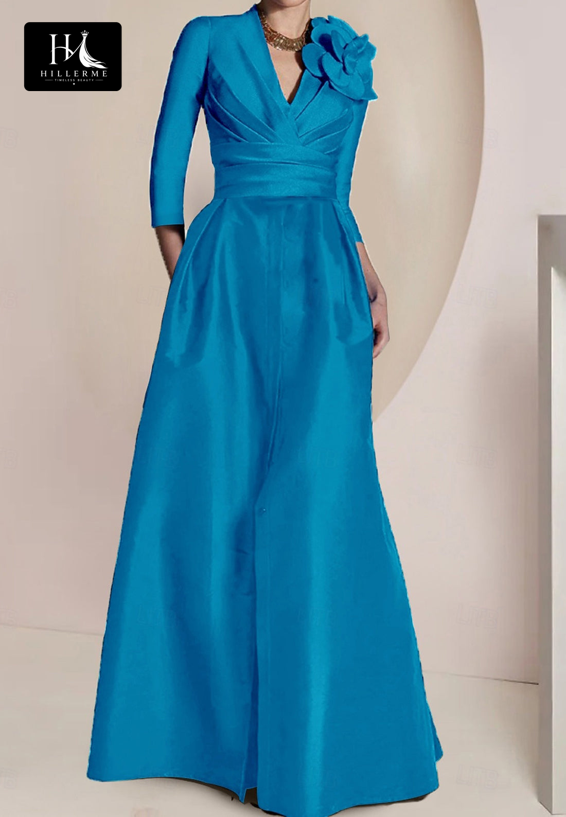 V-Neck 3/4-Sleeve Floral-Embellished Satin Pleated A-Line Mother of the Bride Dress