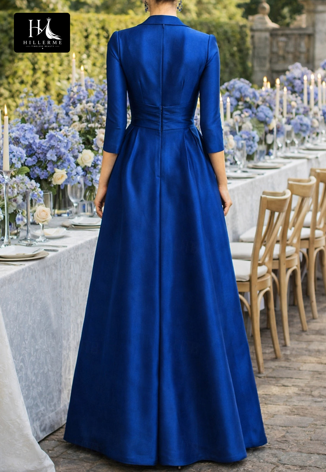 V-Neck 3/4-Sleeve Floral-Embellished Satin Pleated A-Line Mother of the Bride Dress