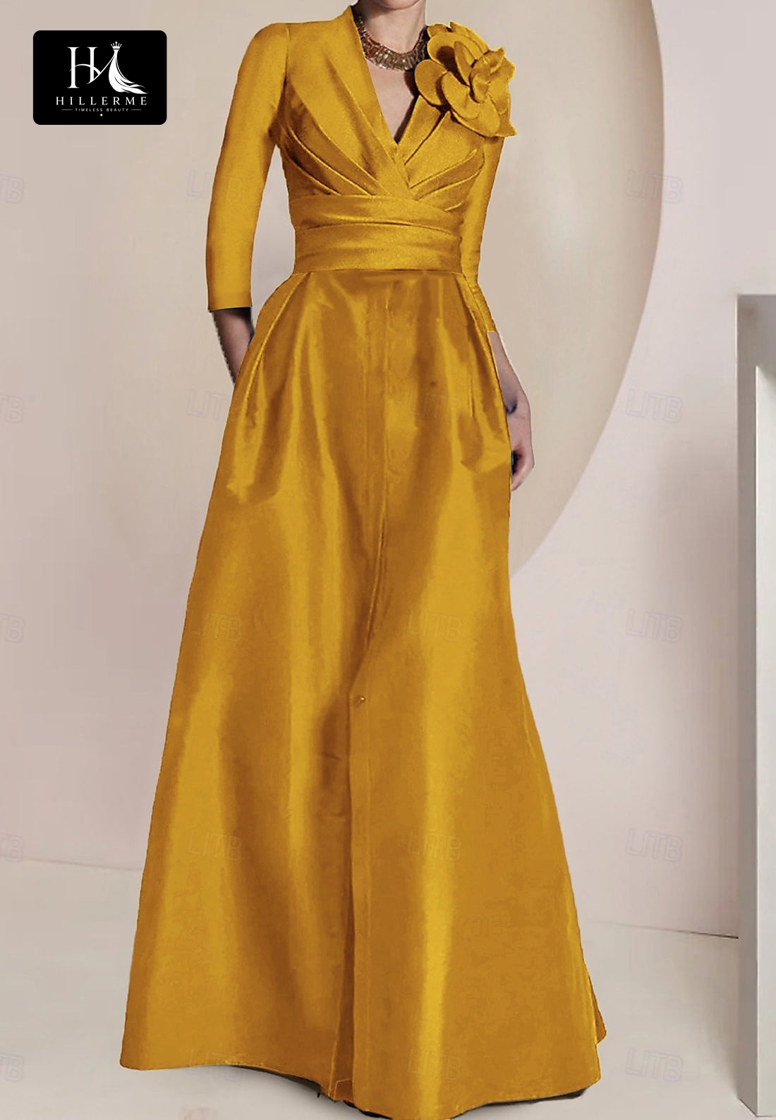 V-Neck 3/4-Sleeve Floral-Embellished Satin Pleated A-Line Mother of the Bride Dress