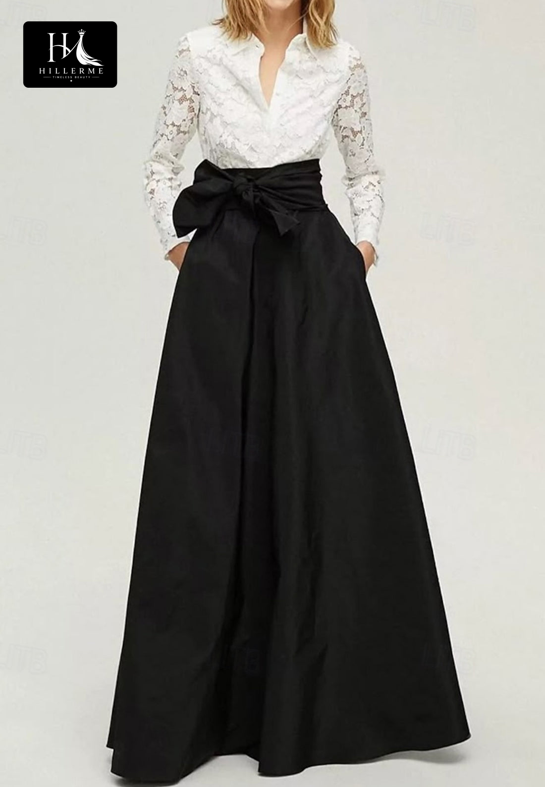 Two-Tone A-Line Long-Sleeve Lace and Satin Mother of the Bride Dress with High Slit