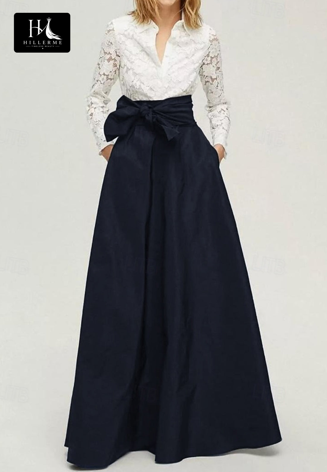 Two-Tone A-Line Long-Sleeve Lace and Satin Mother of the Bride Dress with High Slit
