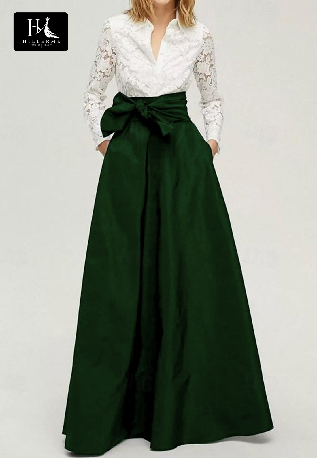 Two-Tone A-Line Long-Sleeve Lace and Satin Mother of the Bride Dress with High Slit