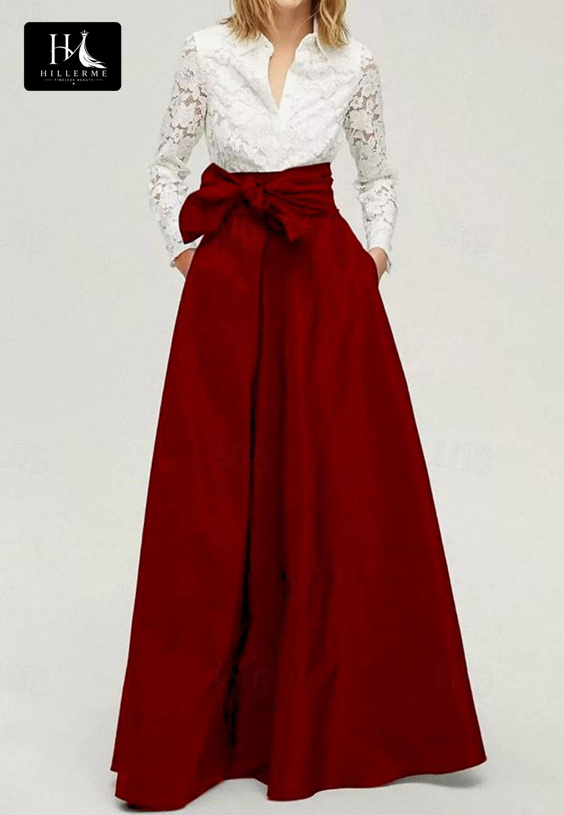 Two-Tone A-Line Long-Sleeve Lace and Satin Mother of the Bride Dress with High Slit