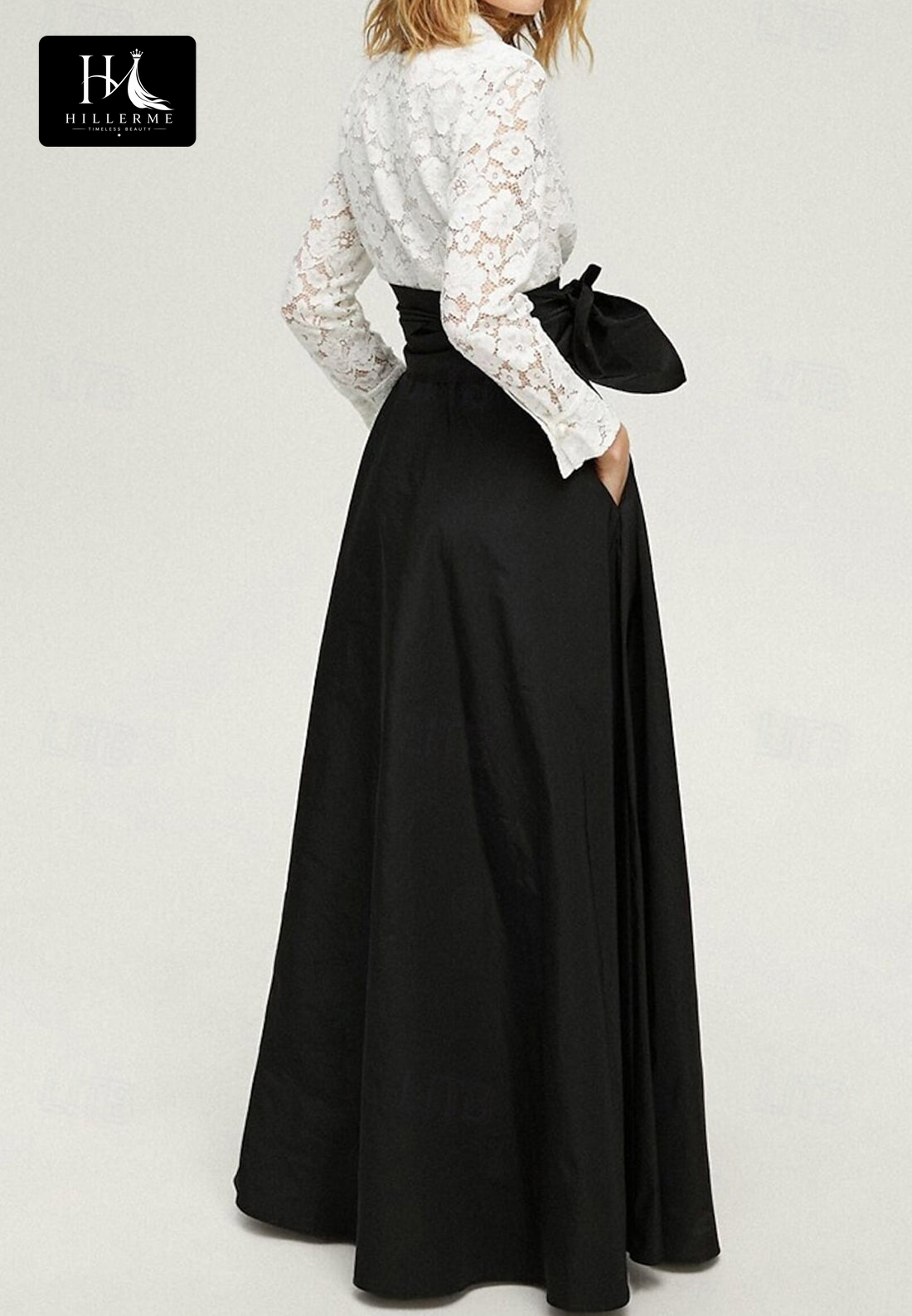 Two-Tone A-Line Long-Sleeve Lace and Satin Mother of the Bride Dress with High Slit