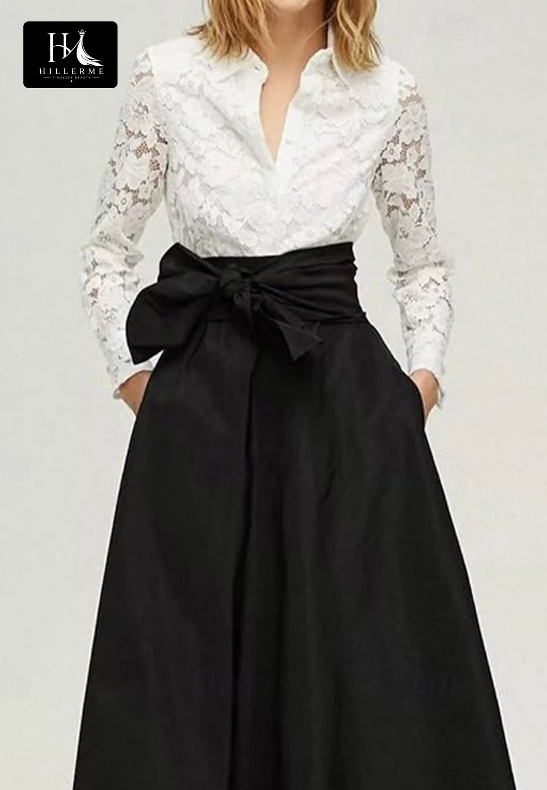 Two-Tone A-Line Long-Sleeve Lace and Satin Mother of the Bride Dress with High Slit