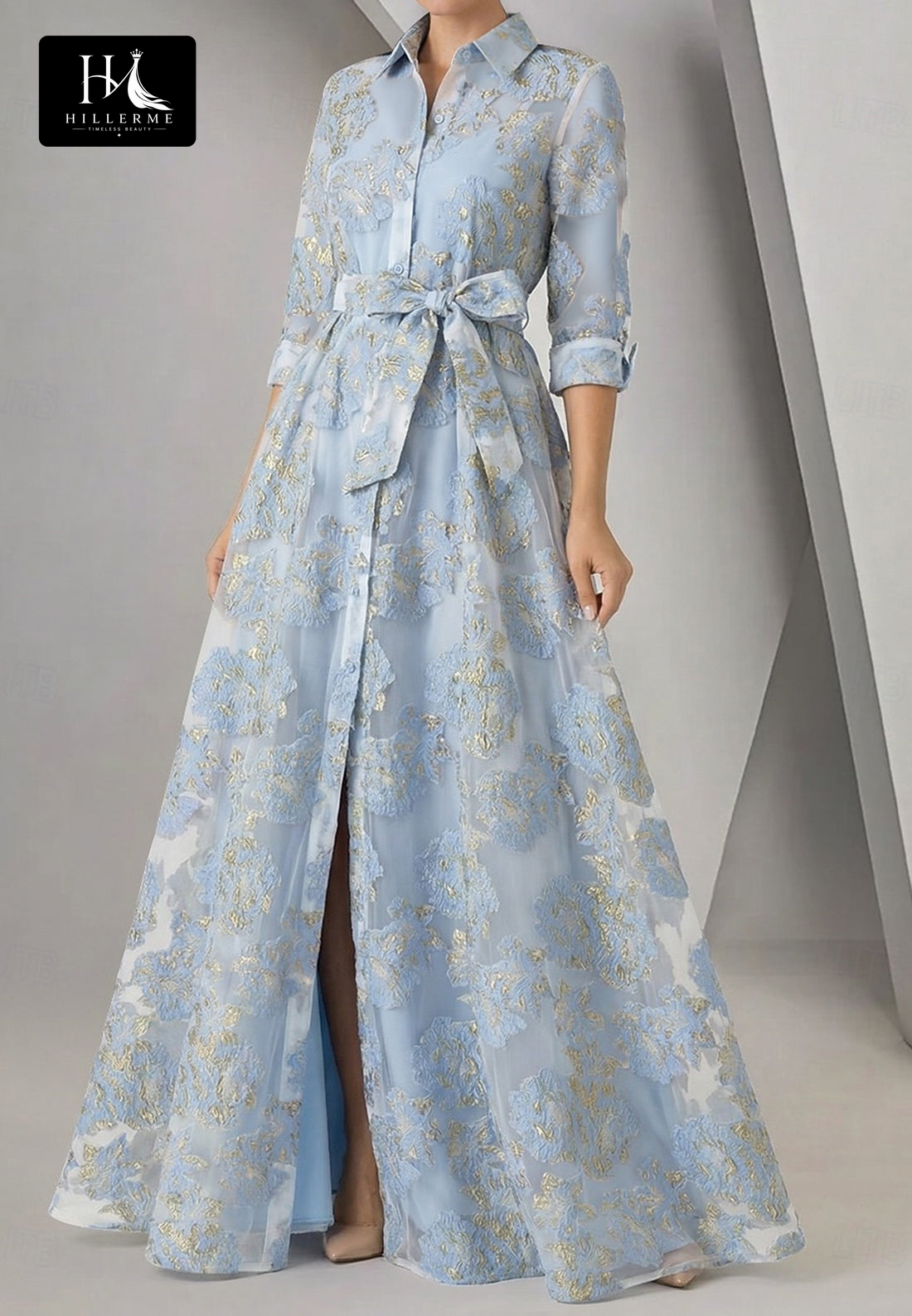 Structured Collar 3/4-Sleeve Jacquard Chiffon A-Line Mother of the Bride Dress with High Slit