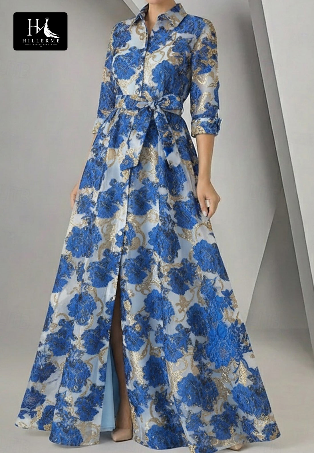 Structured Collar 3/4-Sleeve Jacquard Chiffon A-Line Mother of the Bride Dress with High Slit