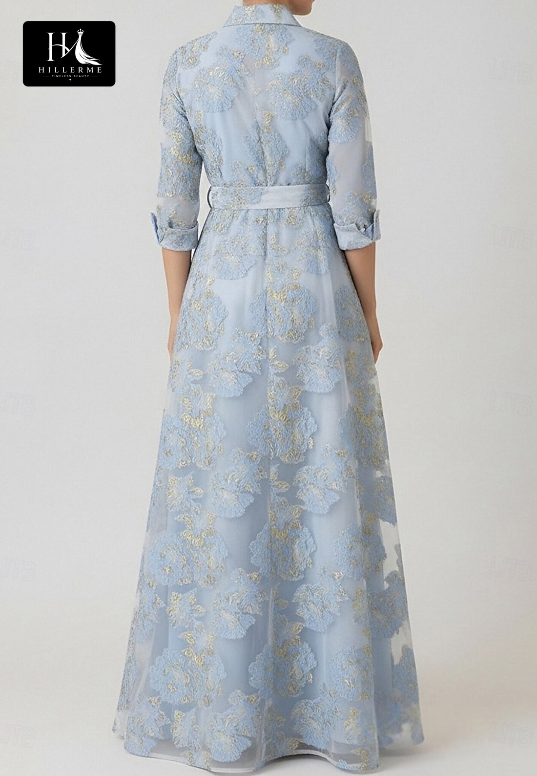 Structured Collar 3/4-Sleeve Jacquard Chiffon A-Line Mother of the Bride Dress with High Slit