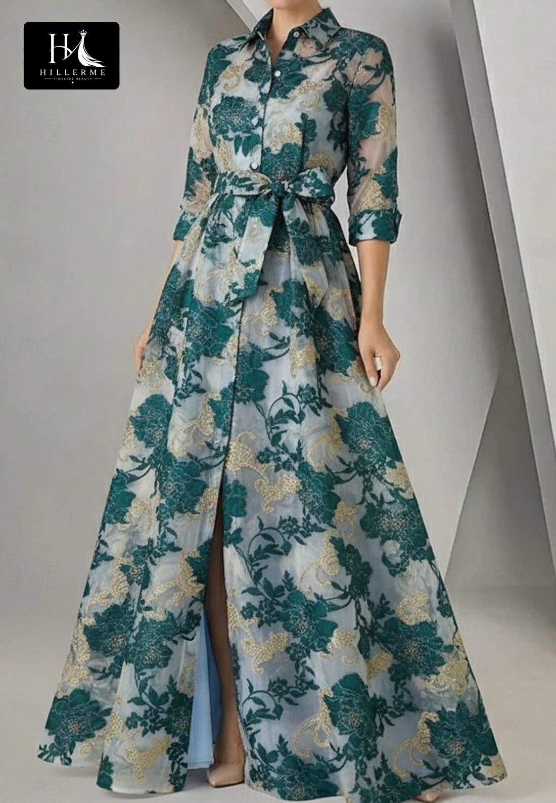Structured Collar 3/4-Sleeve Jacquard Chiffon A-Line Mother of the Bride Dress with High Slit
