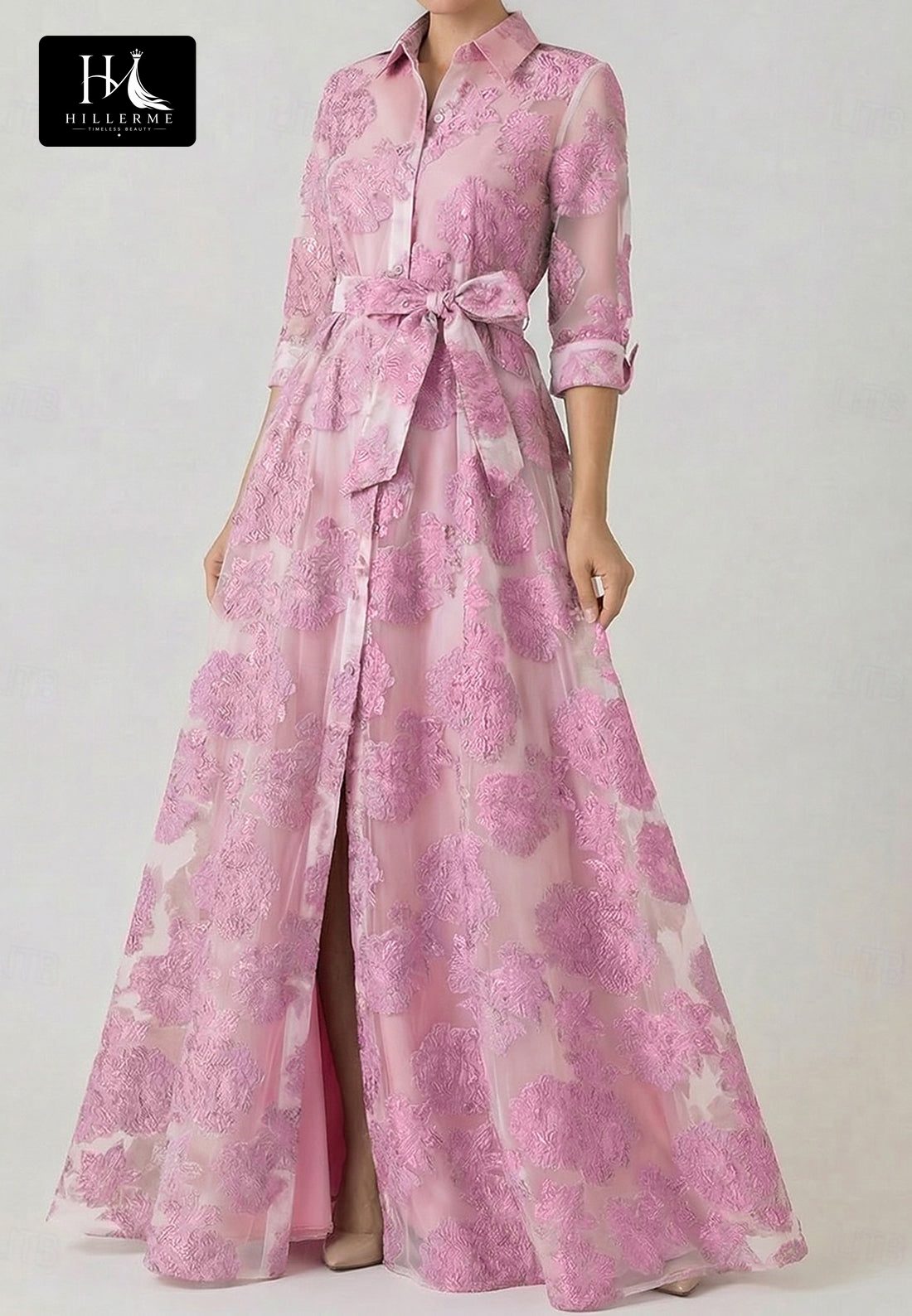 Structured Collar 3/4-Sleeve Jacquard Chiffon A-Line Mother of the Bride Dress with High Slit