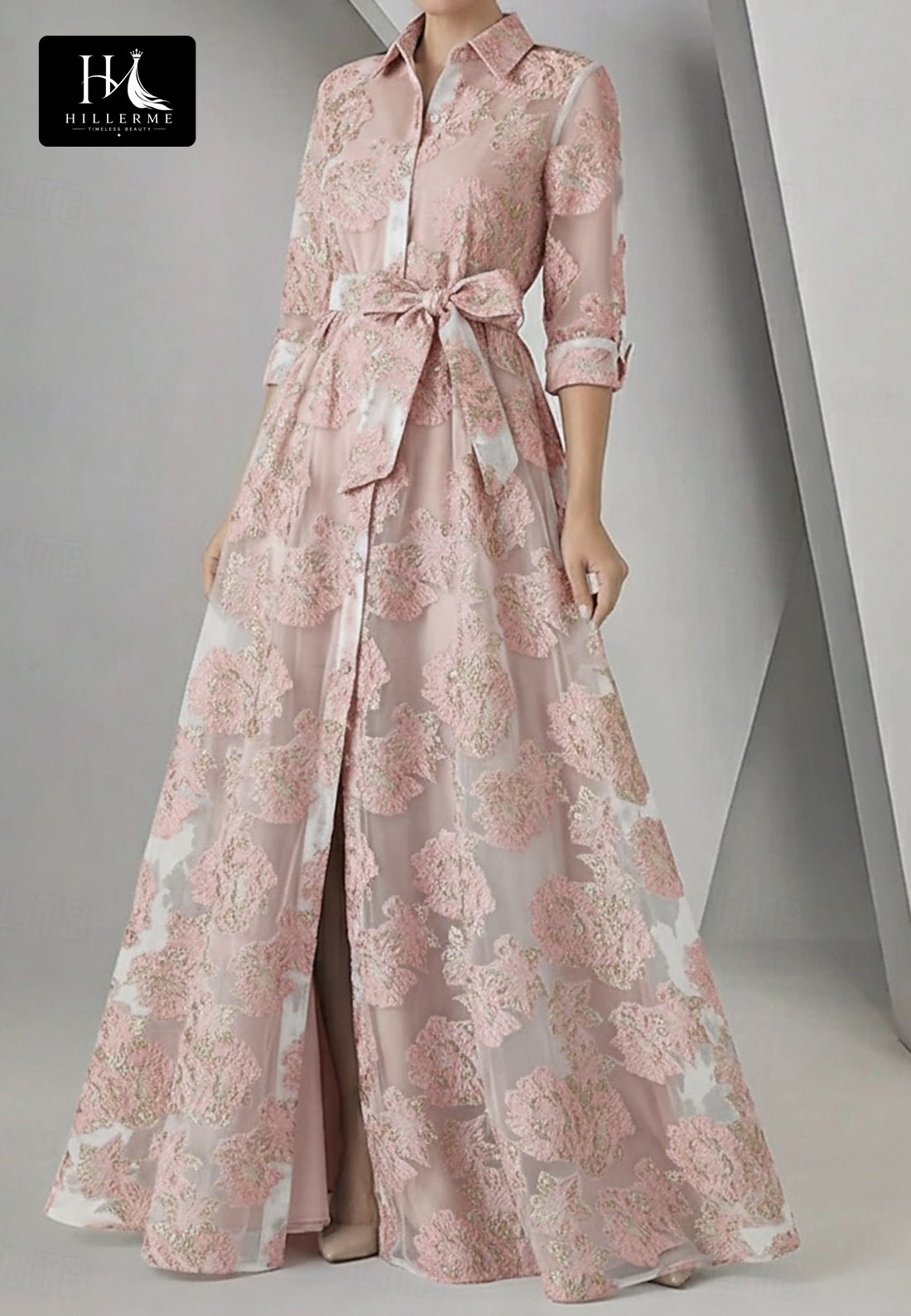 Structured Collar 3/4-Sleeve Jacquard Chiffon A-Line Mother of the Bride Dress with High Slit